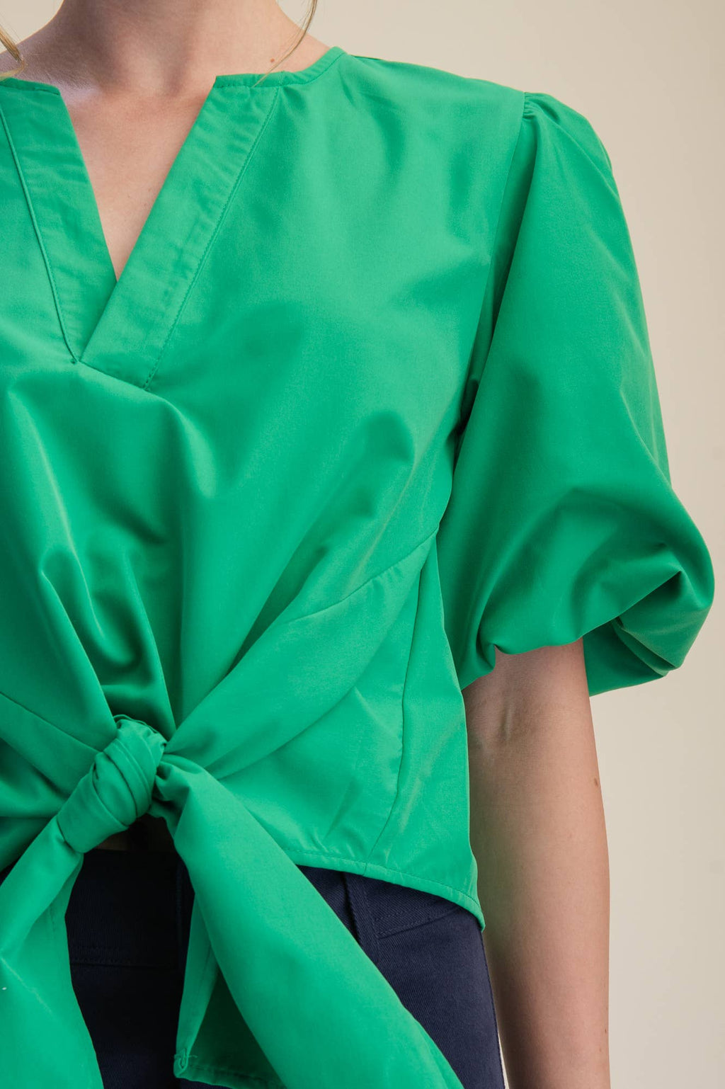 Tie-Front Blouse Puff Sleeve