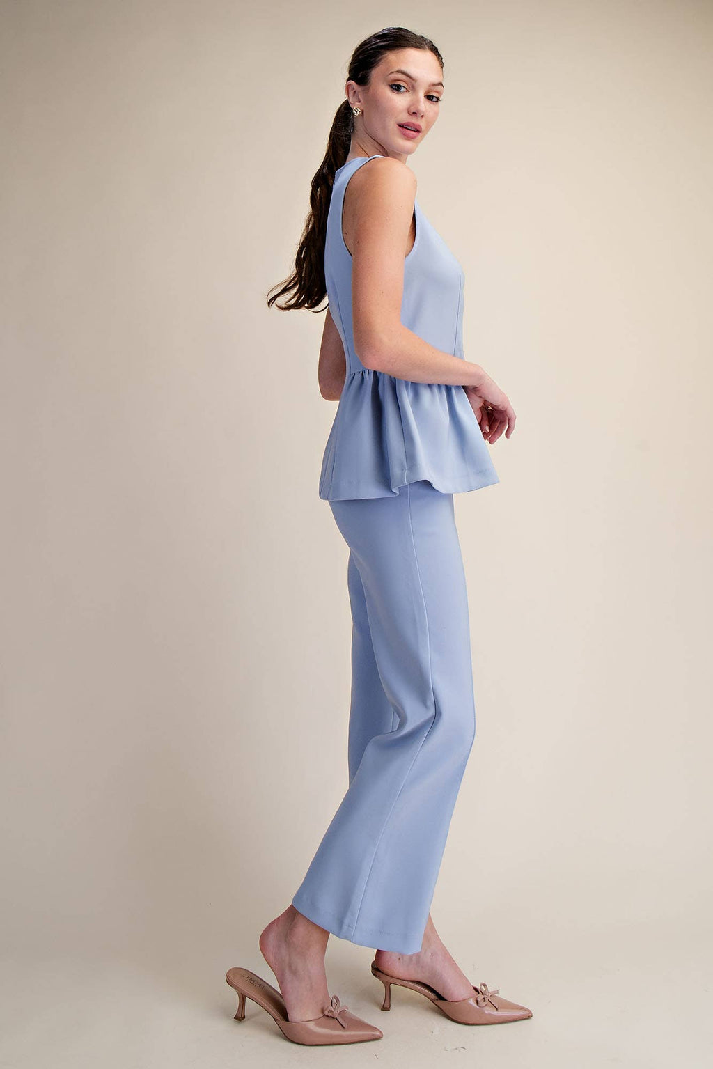 High Waist Stitch Pleats Flare Crop Stretchy Pants