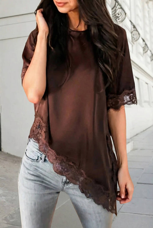 Asymmetric Lace Trim Short Sleeve Satin Top | S-XL