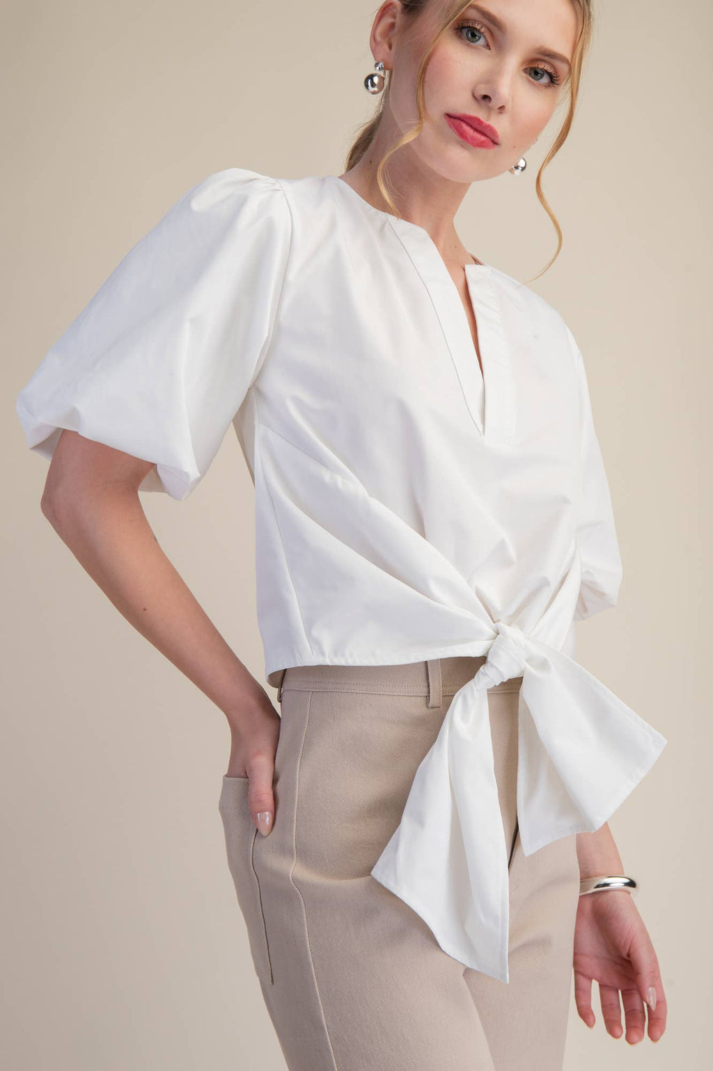 Tie-Front Blouse Puff Sleeve