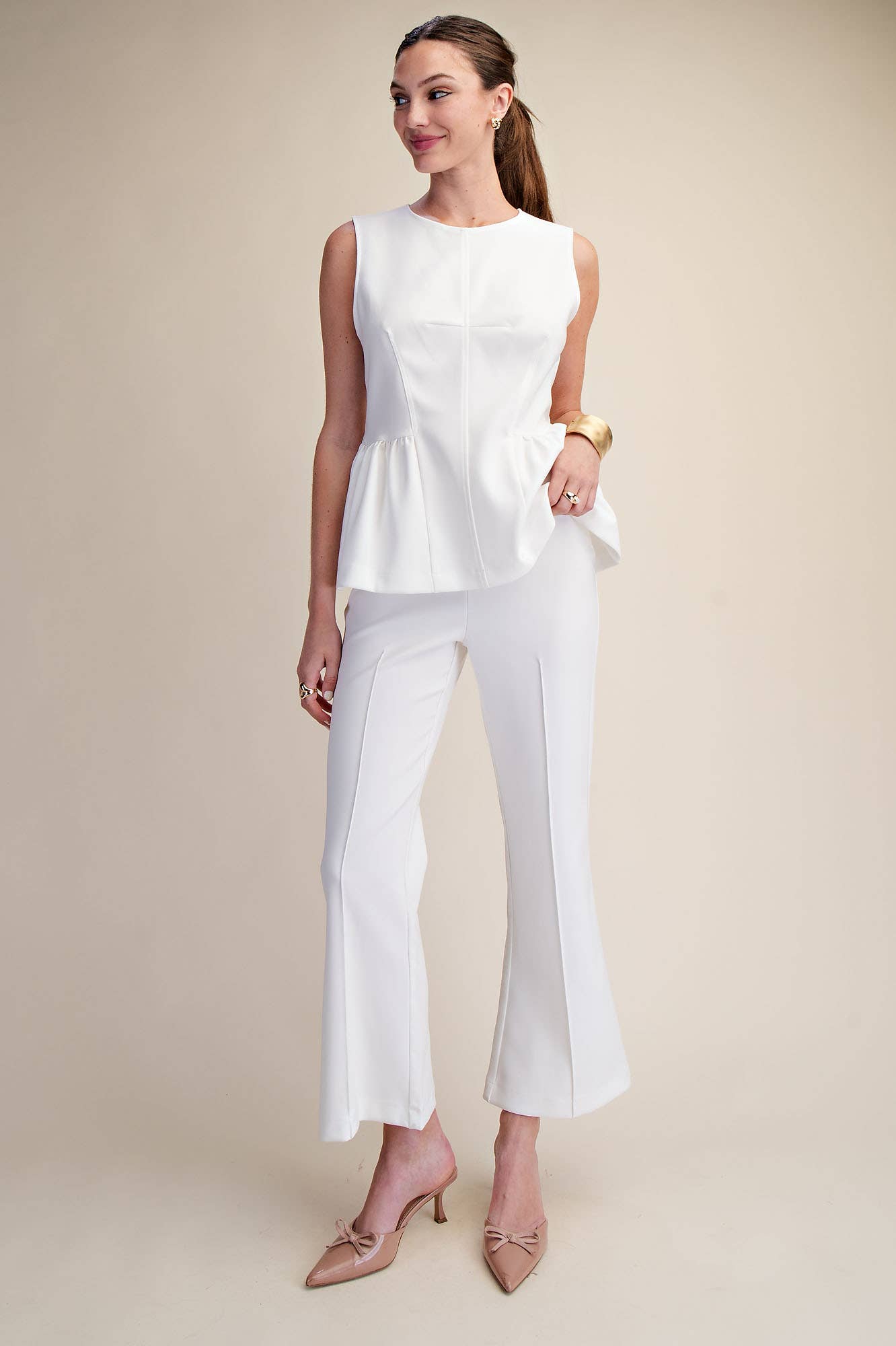 High Waist Stitch Pleats Flare Crop Stretchy Pants