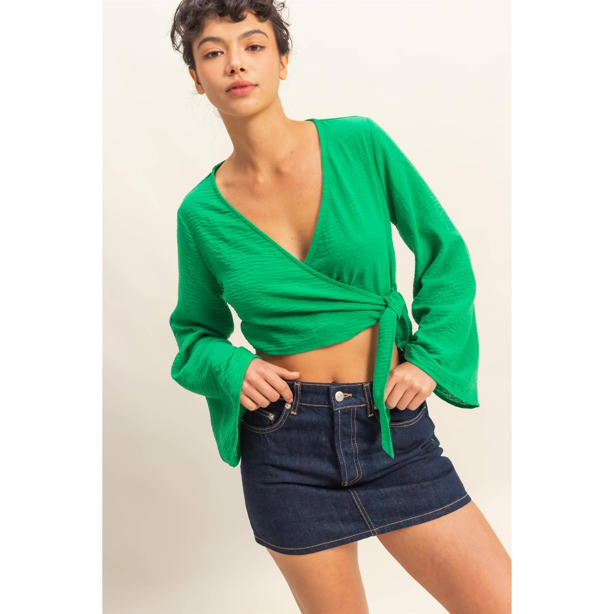 Crinkle Woven Wrap Style Cropped Blouse