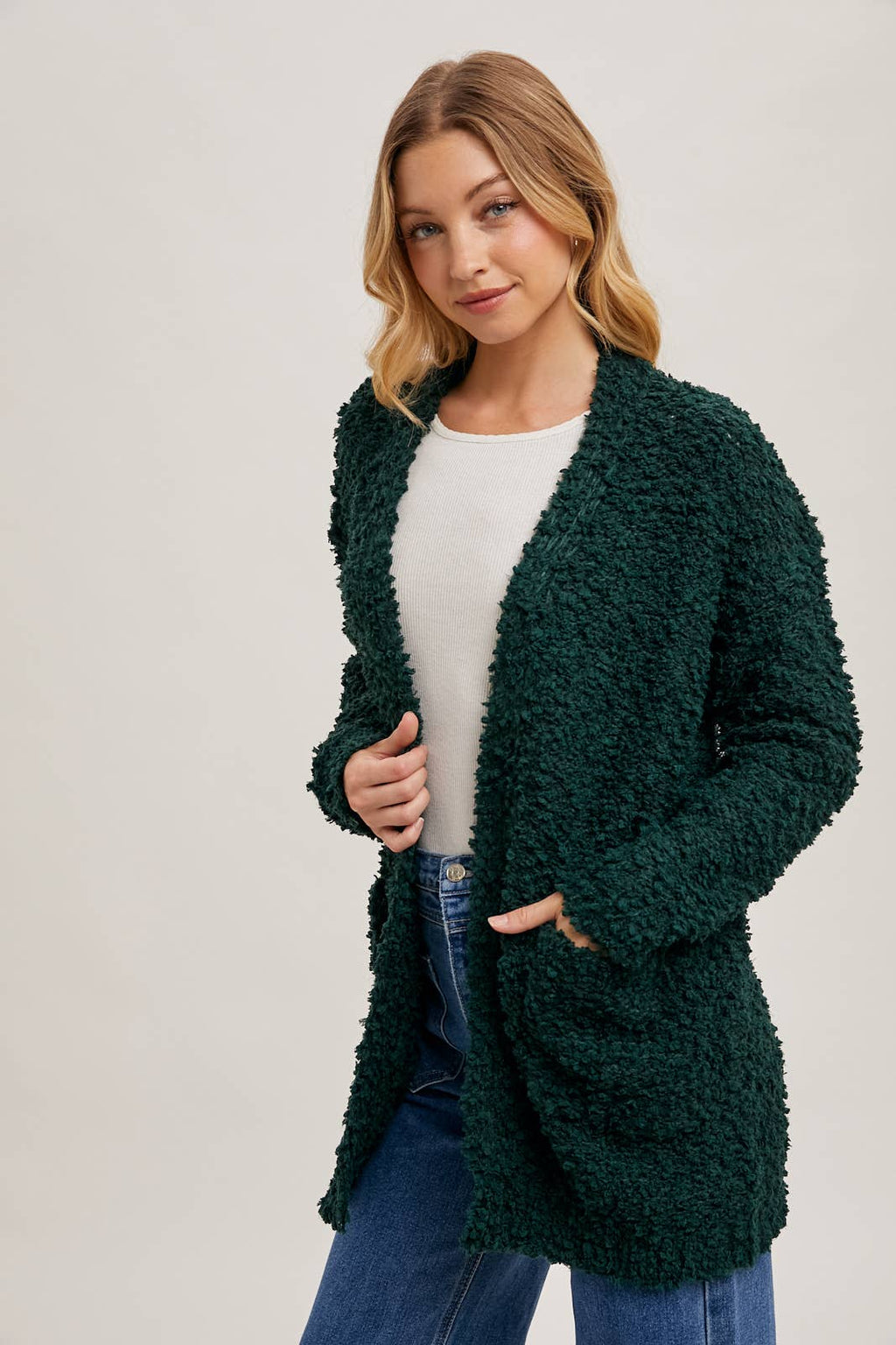FLUFFY BOUCLÉ OPEN FRONT CARDIGAN