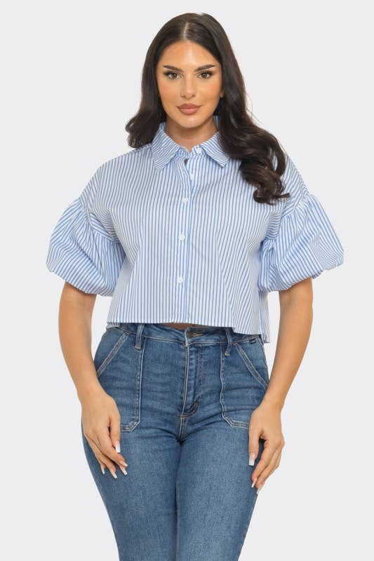 Stripe Front Button Down Bubble Sleeve Shirts Crop Top