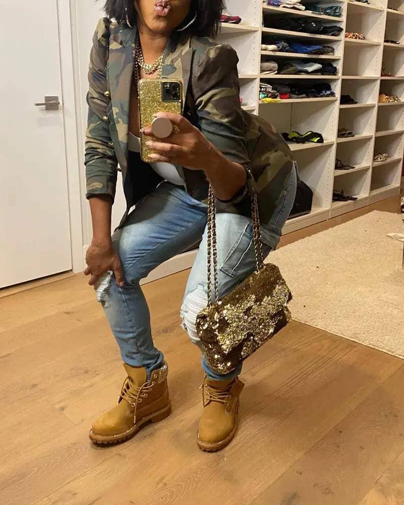 Camo Print Puff Sleeve Blazer Jacket for Women