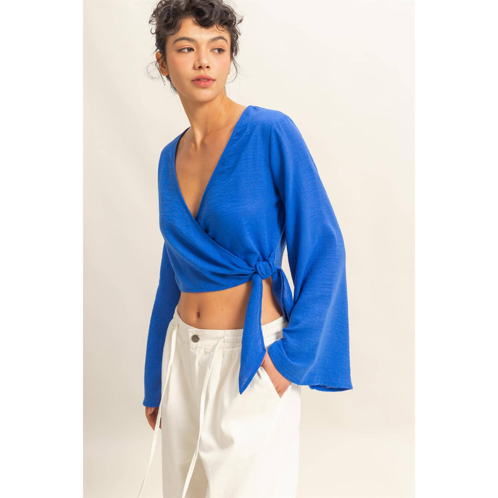 Crinkle Woven Wrap Style Cropped Blouse