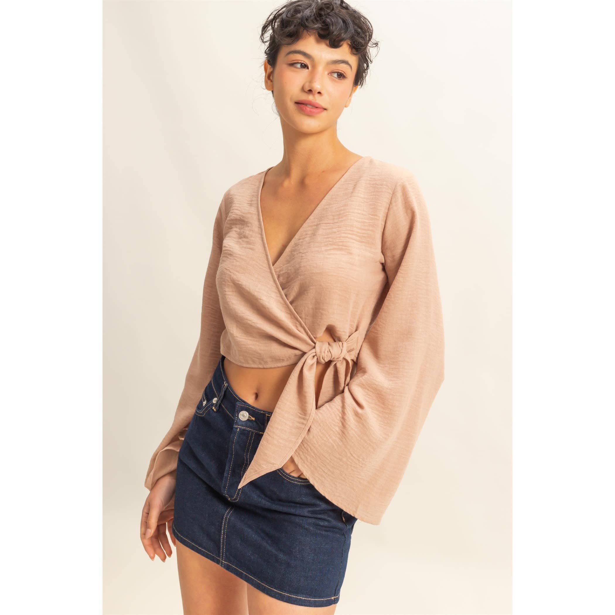 Crinkle Woven Wrap Style Cropped Blouse