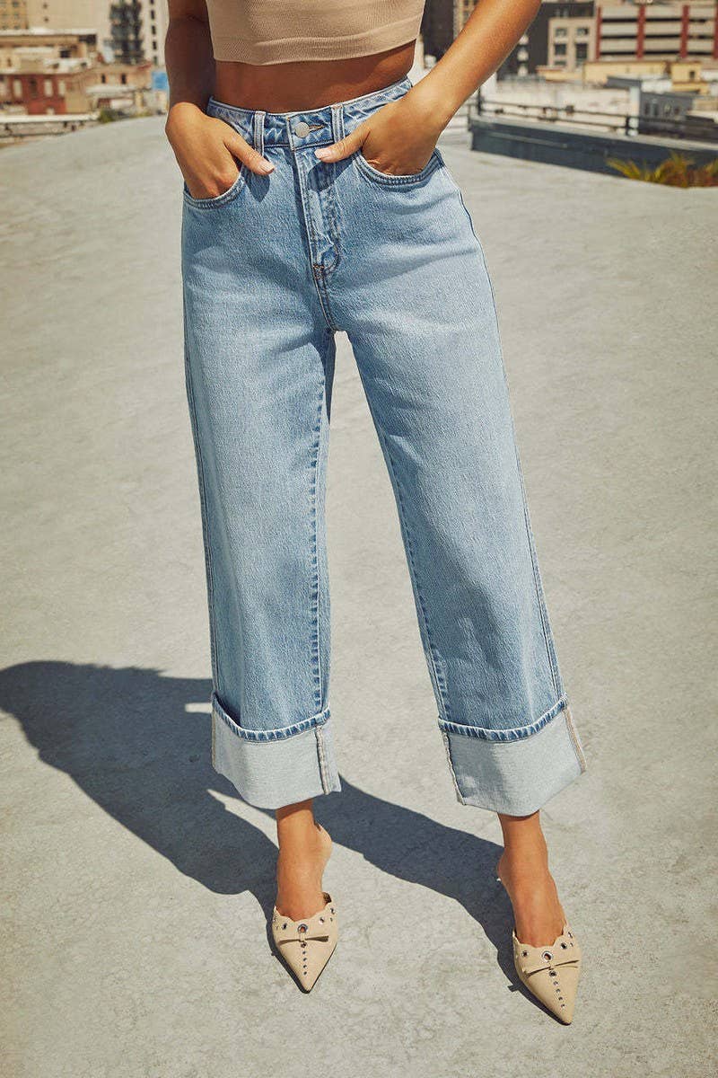 ROLLED HEM HIGH WAIST STRAIGHT LEG JEANS