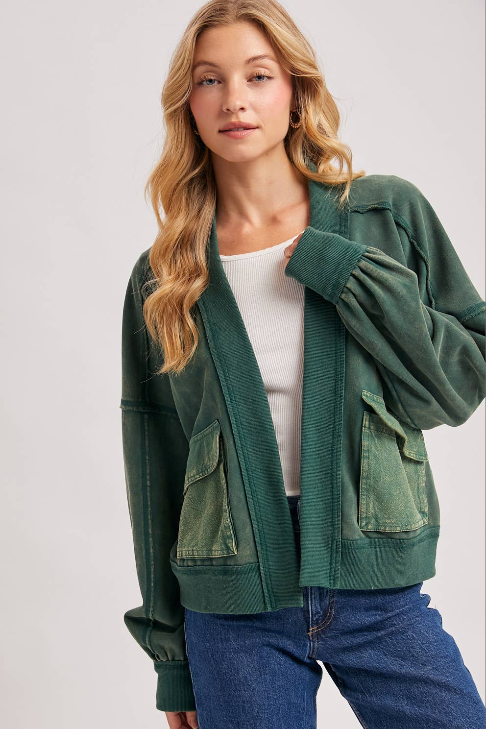 WASHED COLLARLESS OPEN FRONT CARDIGAN - ST. PATRICK'S DAY