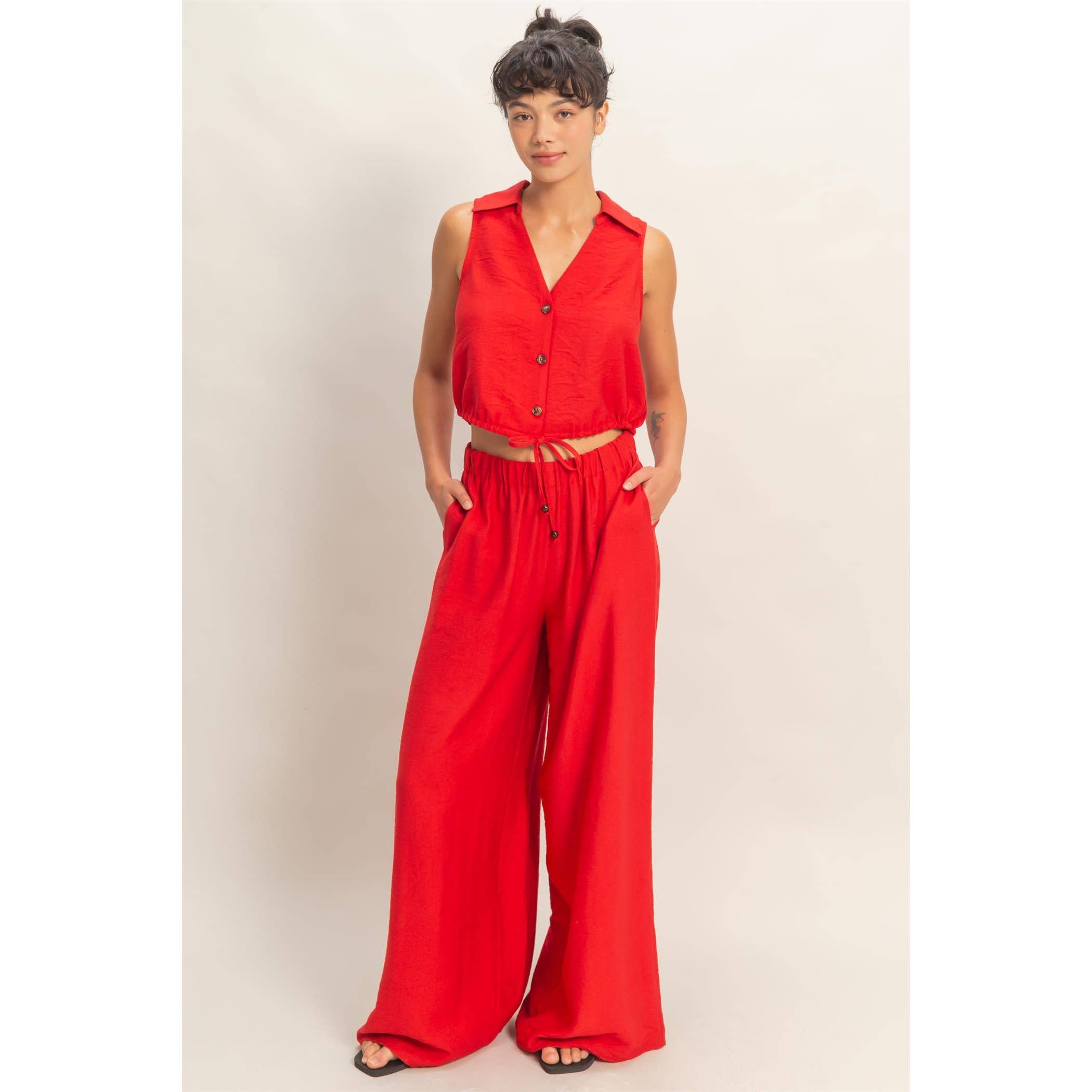 Button Front Vest & Elastic Pants Set