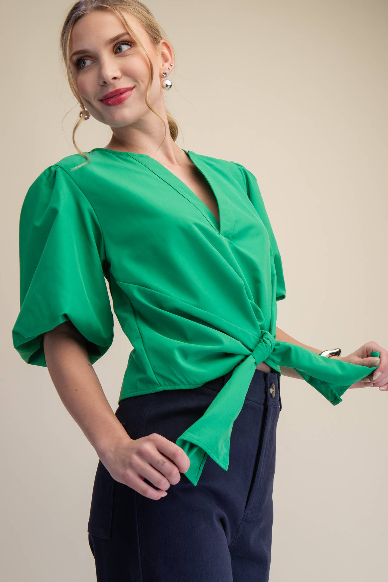 Tie-Front Blouse Puff Sleeve