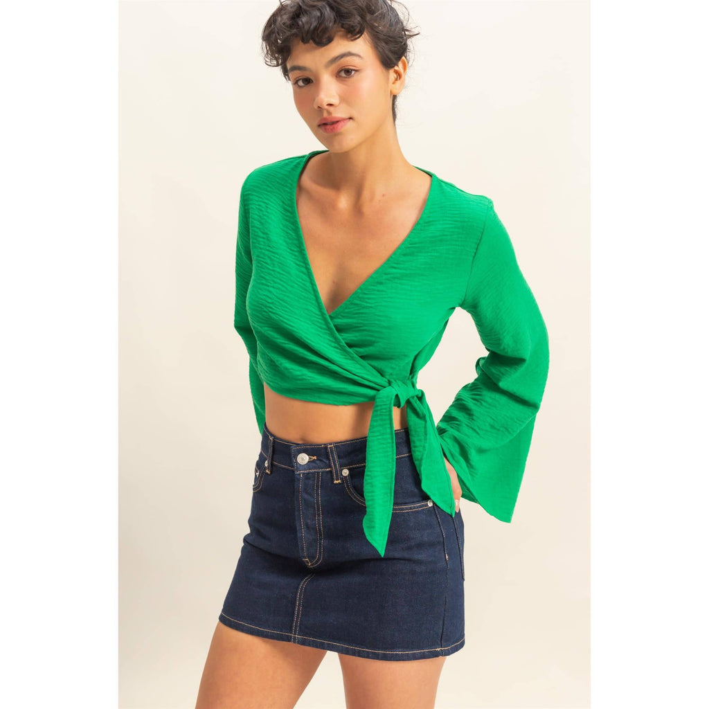 Crinkle Woven Wrap Style Cropped Blouse
