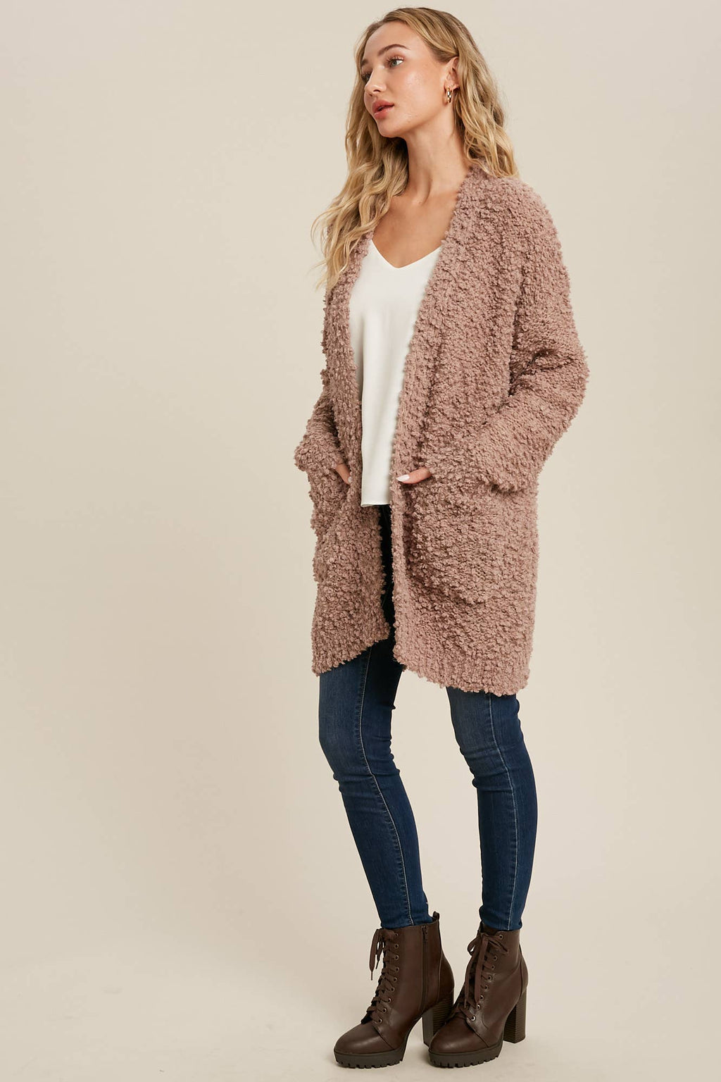 FLUFFY BOUCLÉ OPEN FRONT CARDIGAN