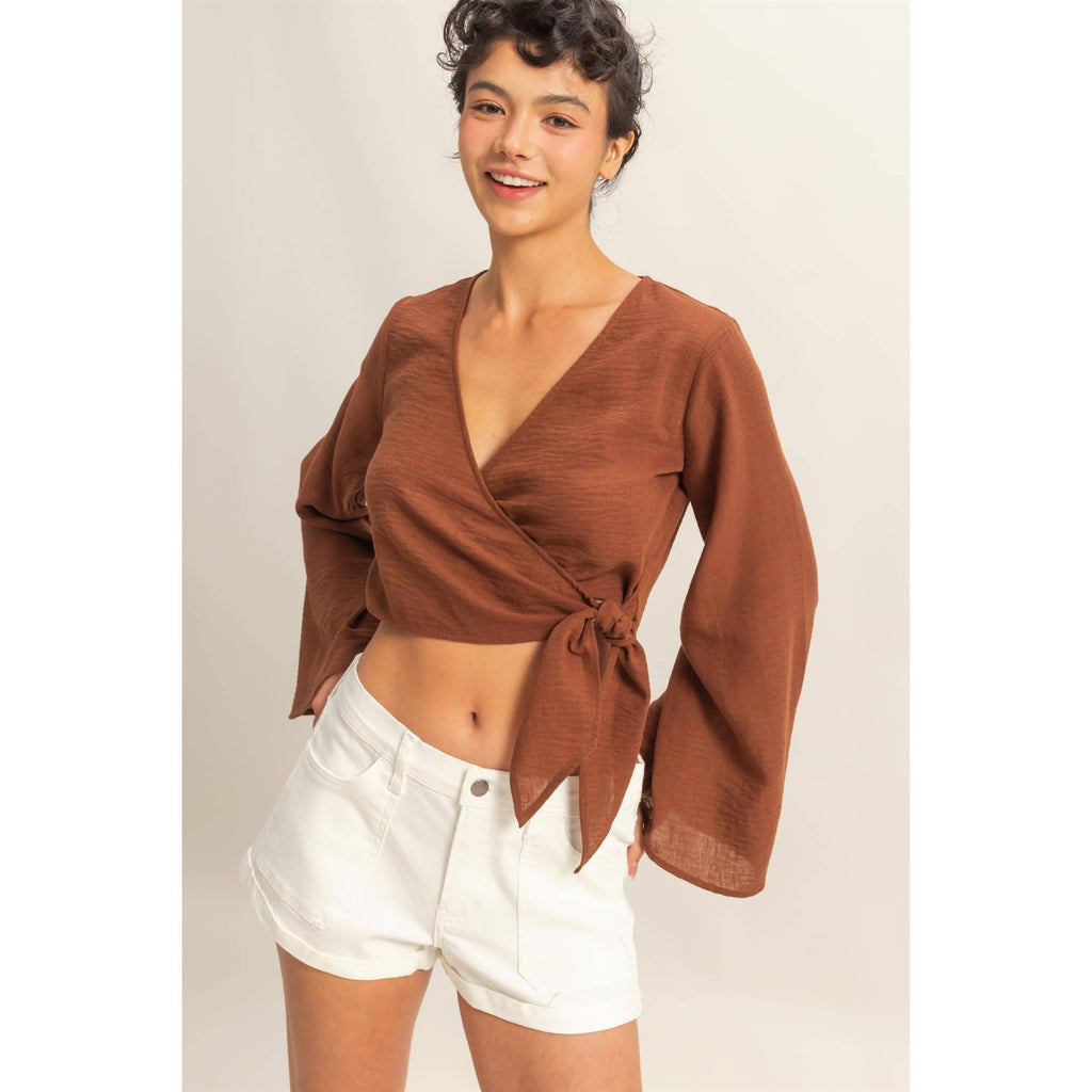 Crinkle Woven Wrap Style Cropped Blouse