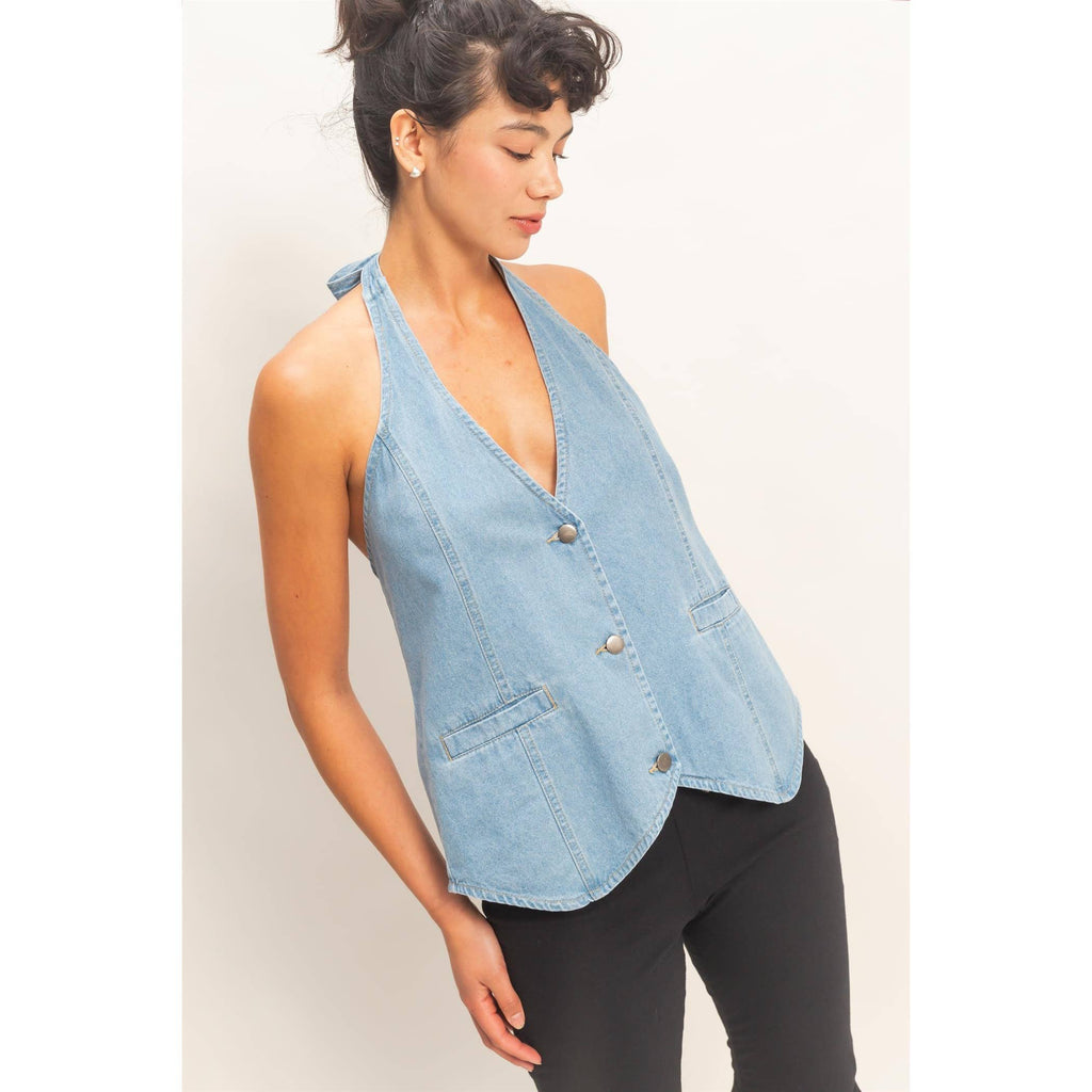 Denim Back Tie Halter Vest