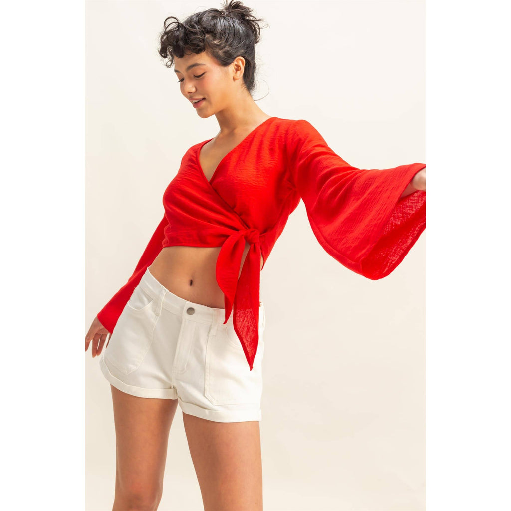 Crinkle Woven Wrap Style Cropped Blouse