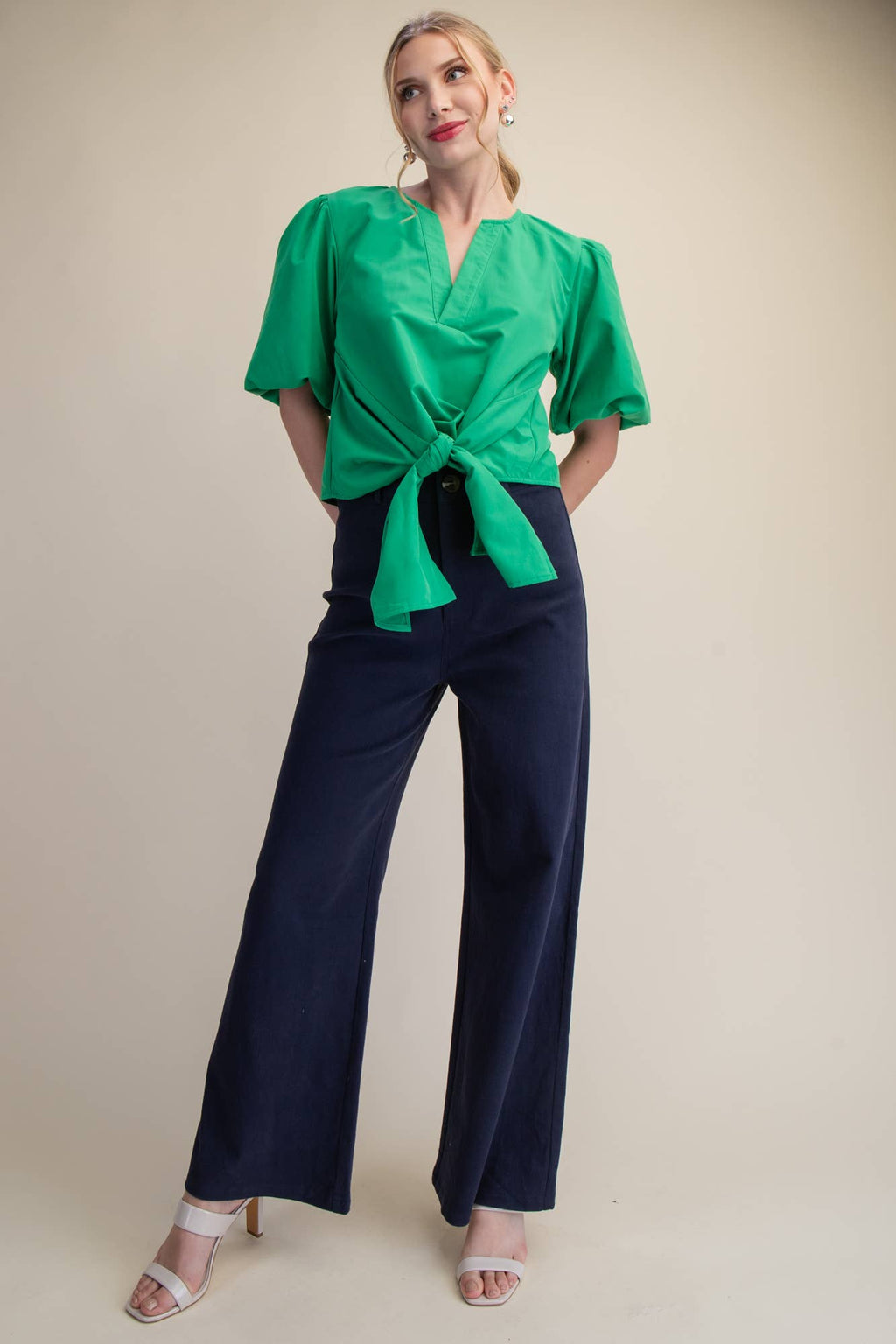Tie-Front Blouse Puff Sleeve