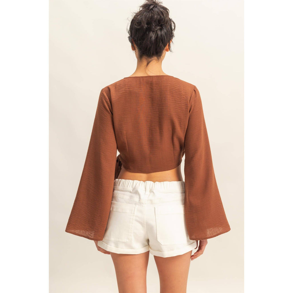 Crinkle Woven Wrap Style Cropped Blouse
