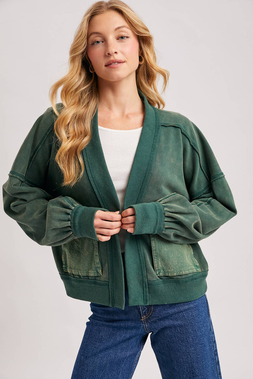 WASHED COLLARLESS OPEN FRONT CARDIGAN - ST. PATRICK'S DAY