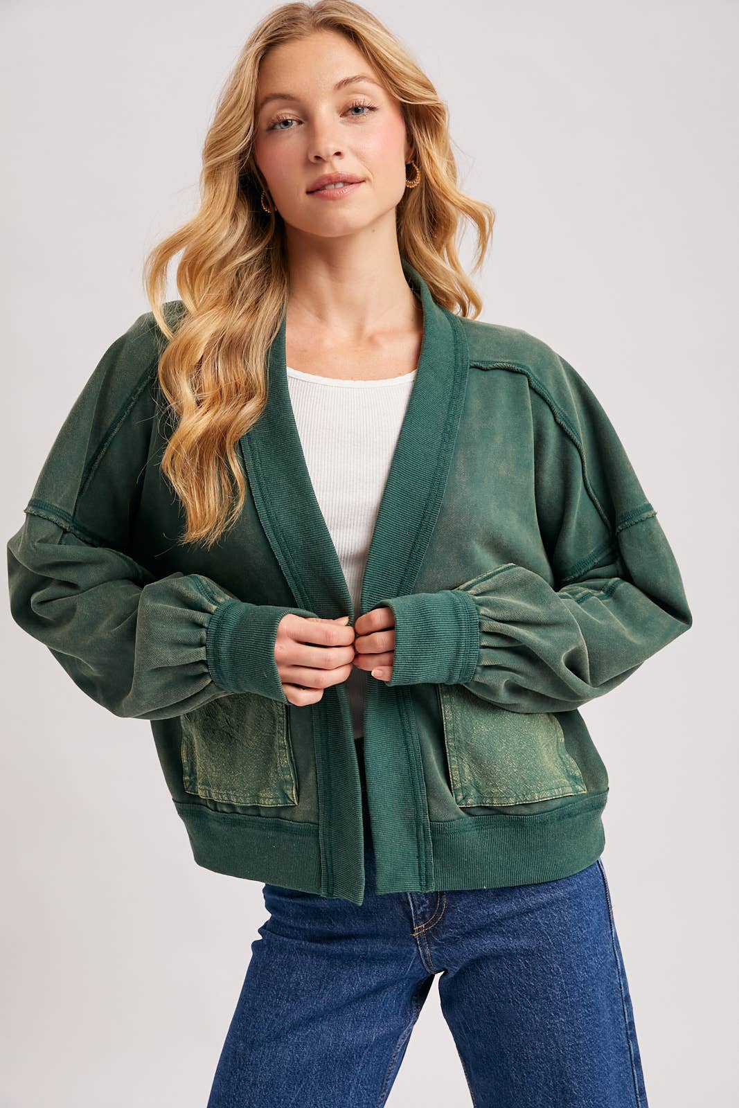WASHED COLLARLESS OPEN FRONT CARDIGAN - ST. PATRICK'S DAY