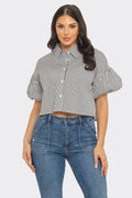Stripe Front Button Down Bubble Sleeve Shirts Crop Top