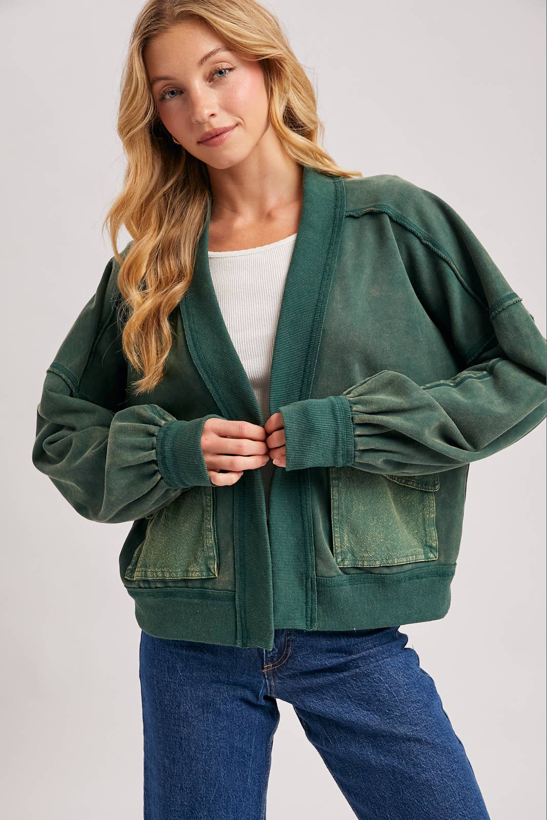 WASHED COLLARLESS OPEN FRONT CARDIGAN - ST. PATRICK'S DAY