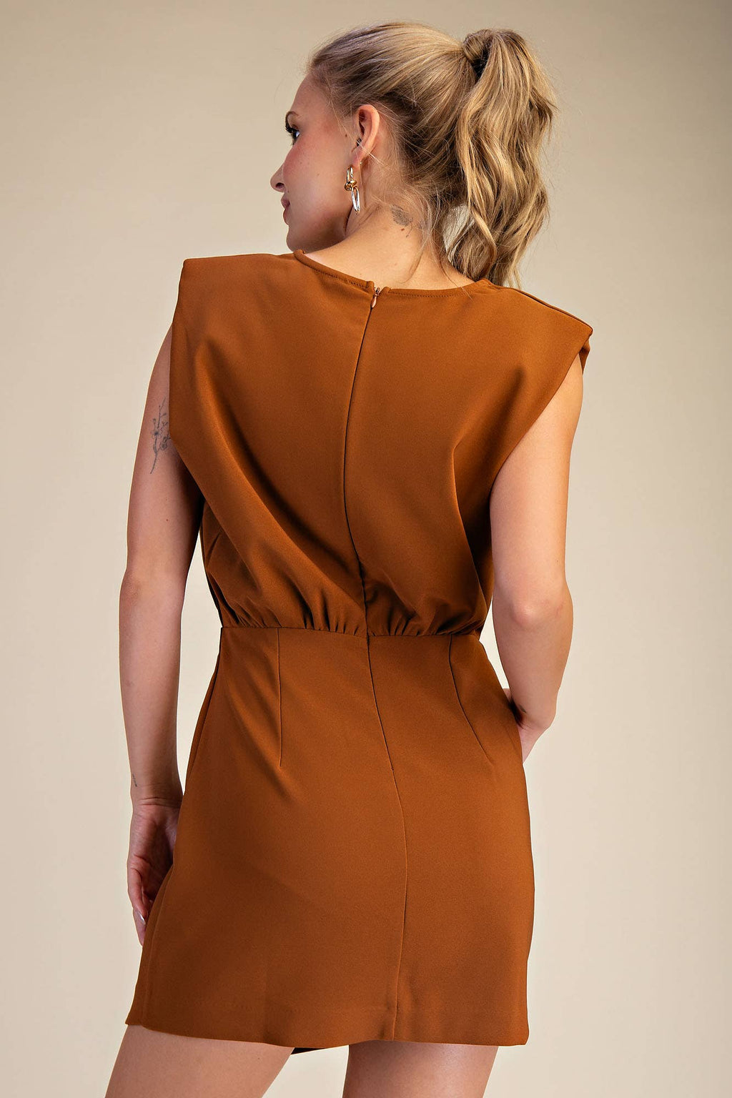 Round Neck Shoulder Padded Mini Dress