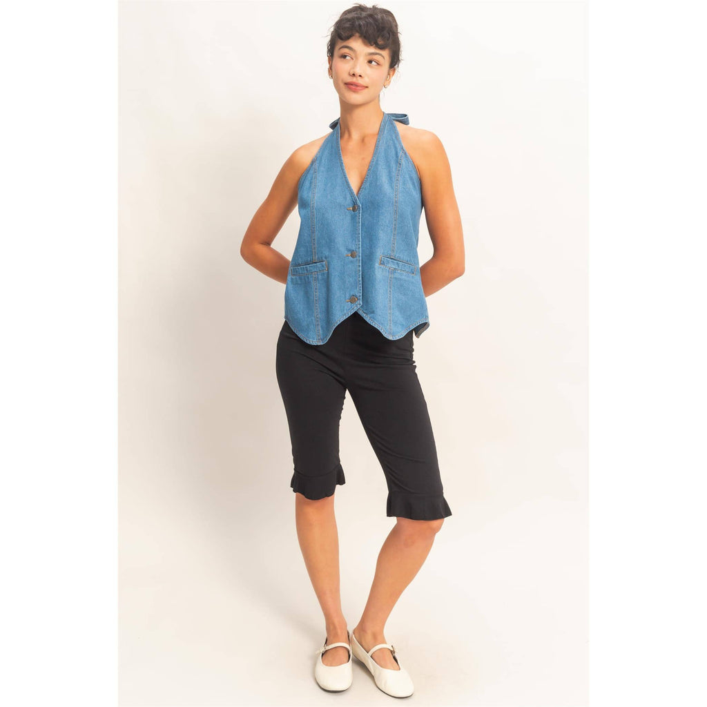 Denim Back Tie Halter Vest