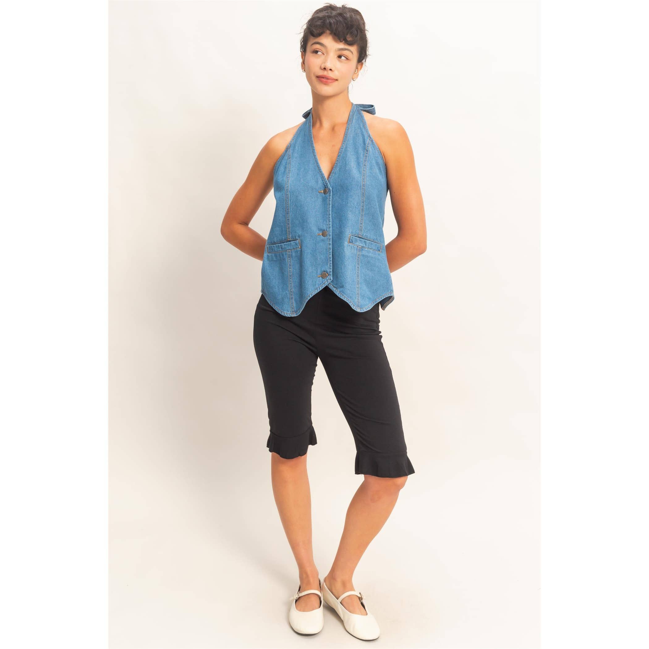Denim Back Tie Halter Vest