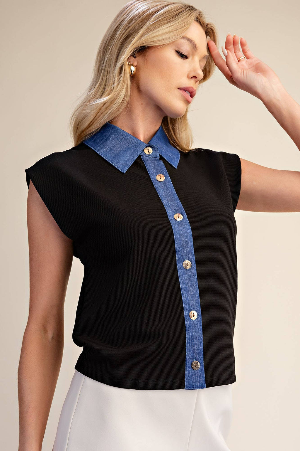 Muscle Vest Top With Collared Denim Placket