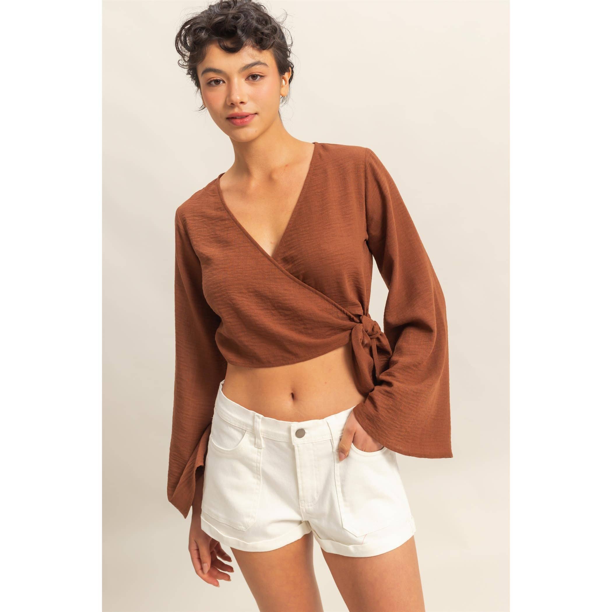 Crinkle Woven Wrap Style Cropped Blouse