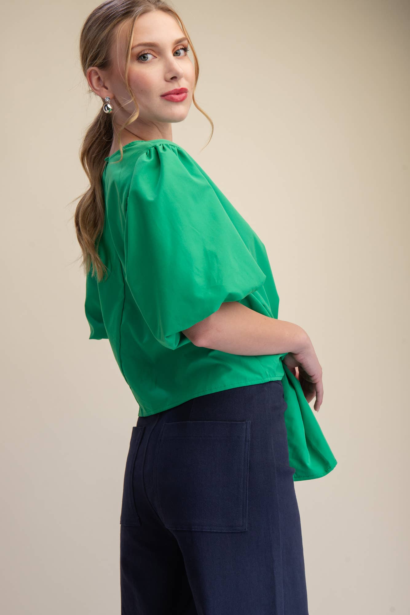 Tie-Front Blouse Puff Sleeve