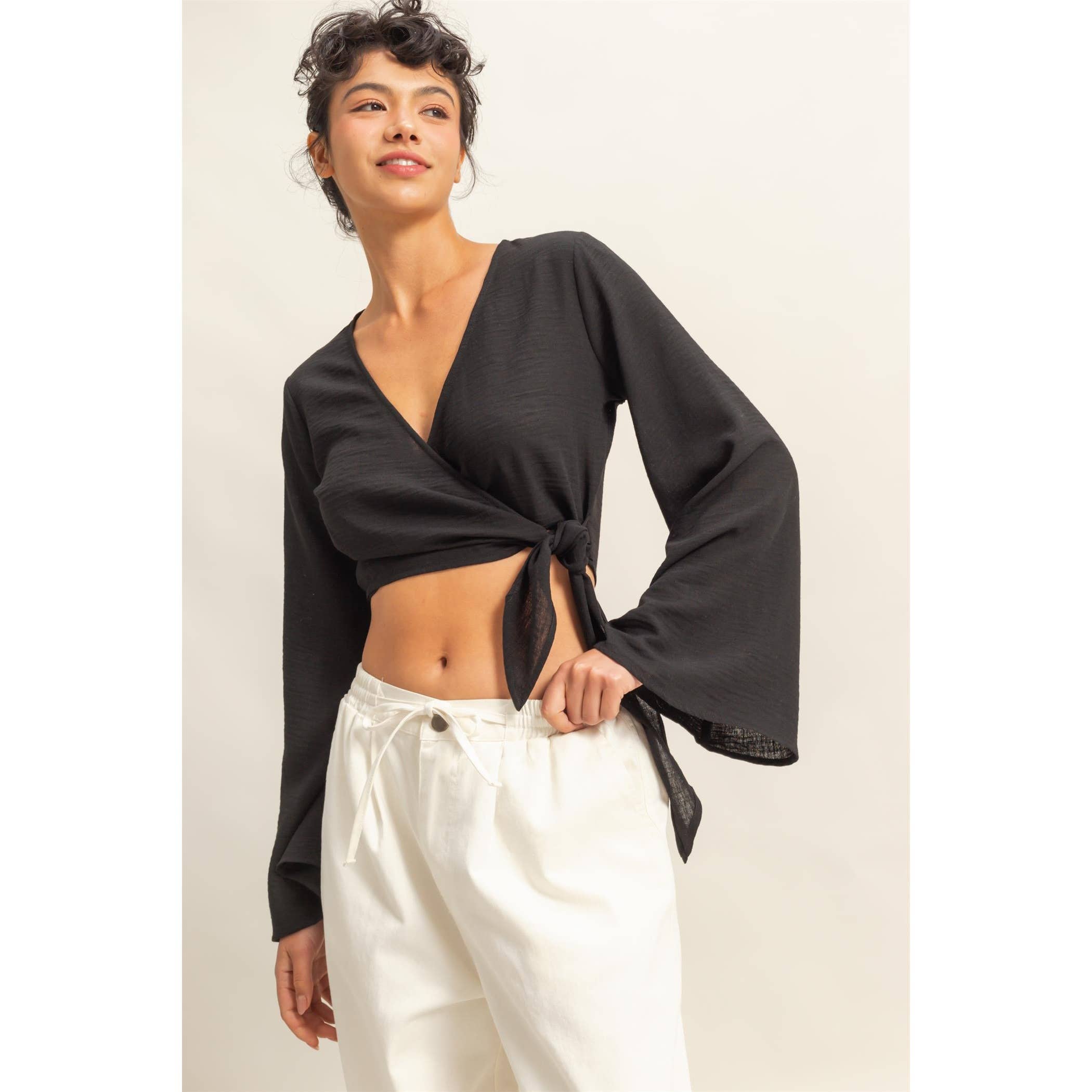 Crinkle Woven Wrap Style Cropped Blouse
