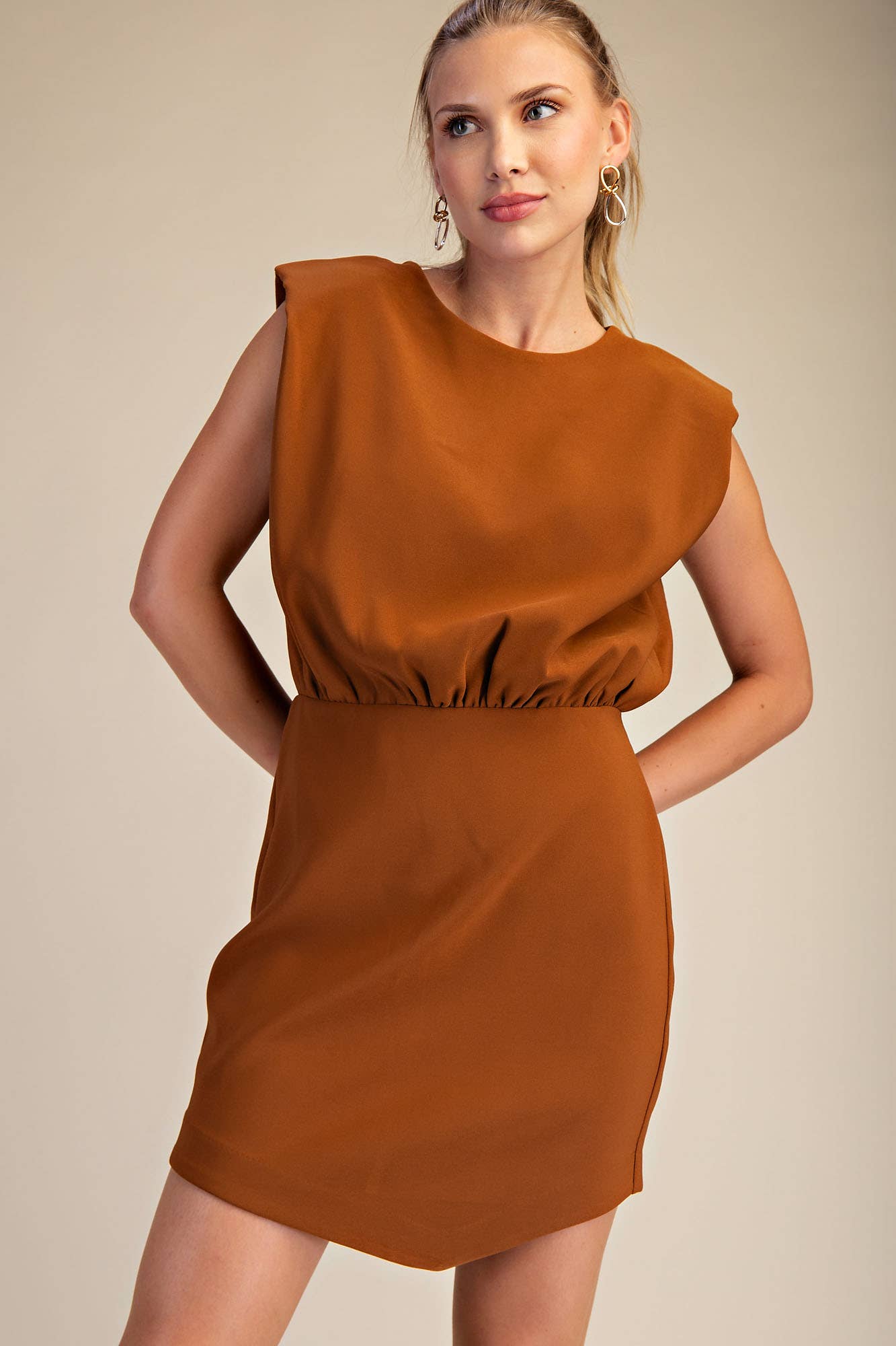 Round Neck Shoulder Padded Mini Dress