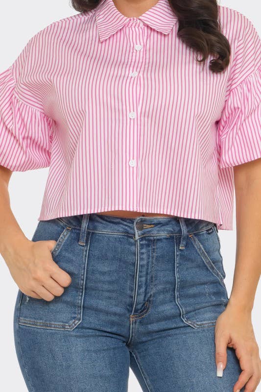 Stripe Front Button Down Bubble Sleeve Shirts Crop Top