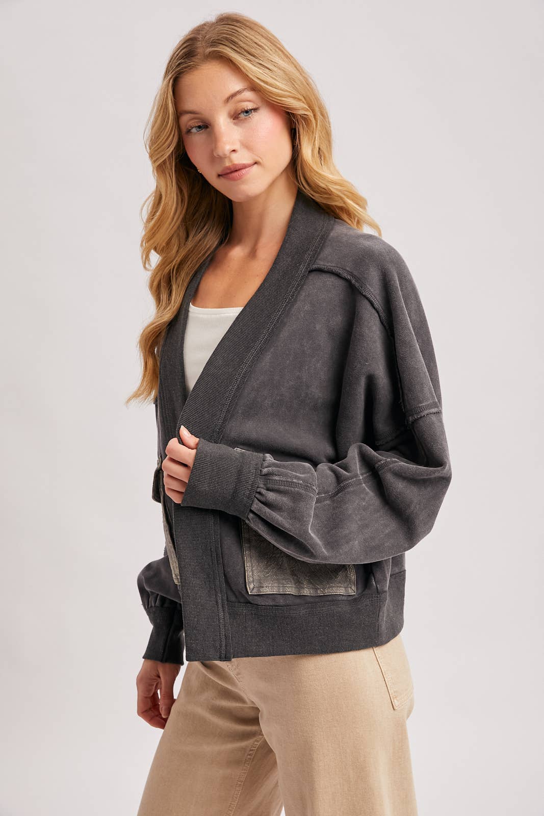 WASHED COLLARLESS OPEN FRONT CARDIGAN - ST. PATRICK'S DAY