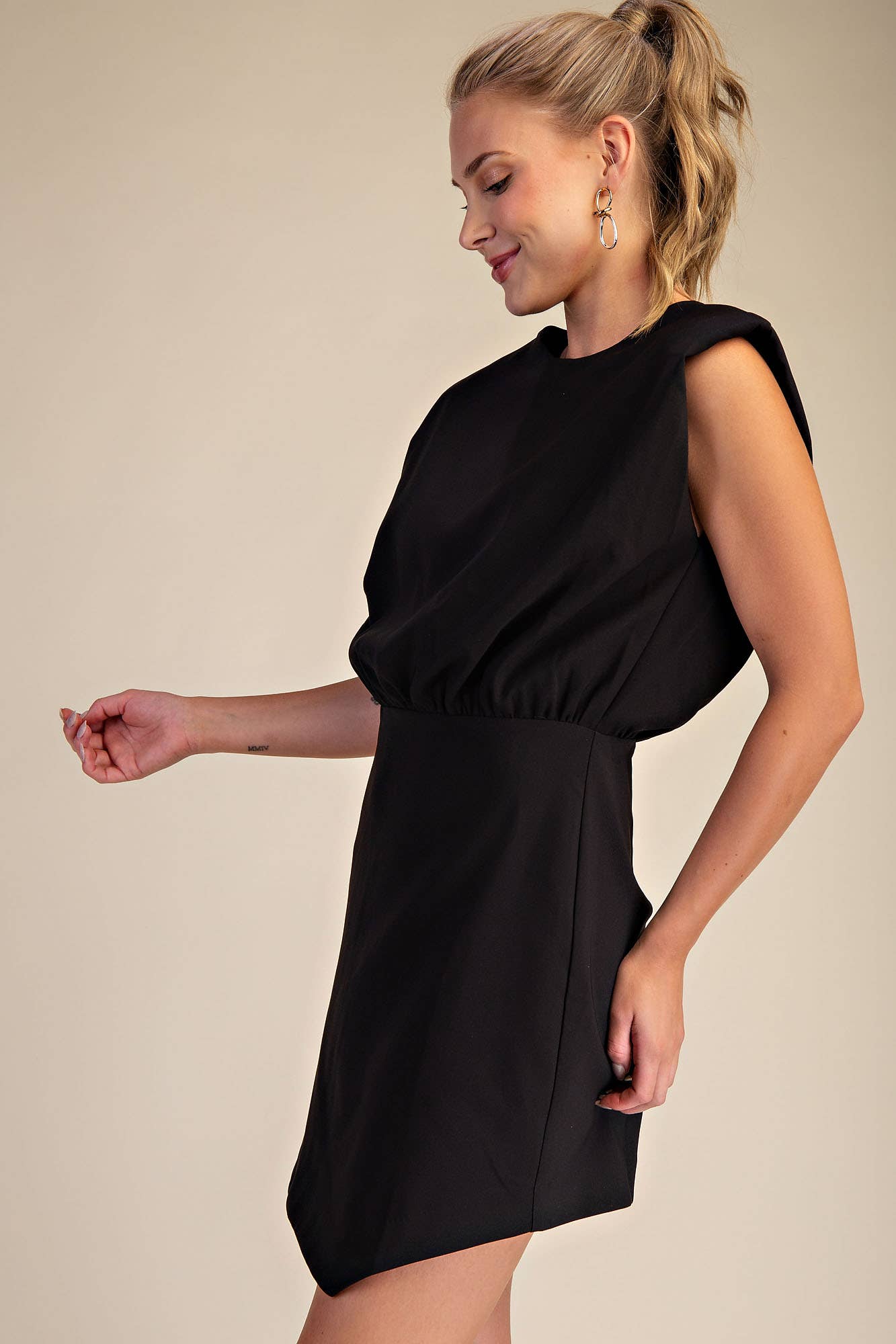 Round Neck Shoulder Padded Mini Dress