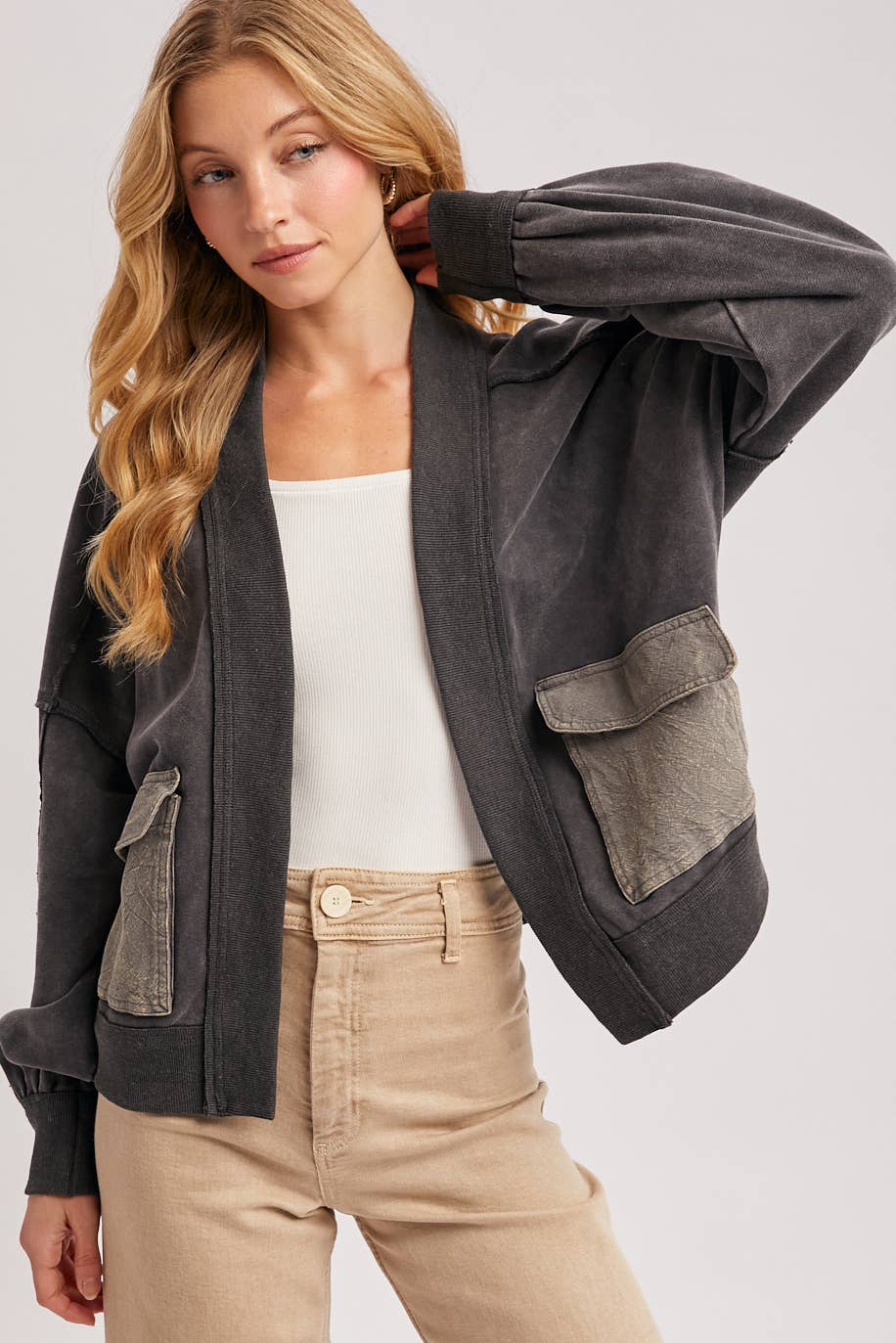 WASHED COLLARLESS OPEN FRONT CARDIGAN - ST. PATRICK'S DAY