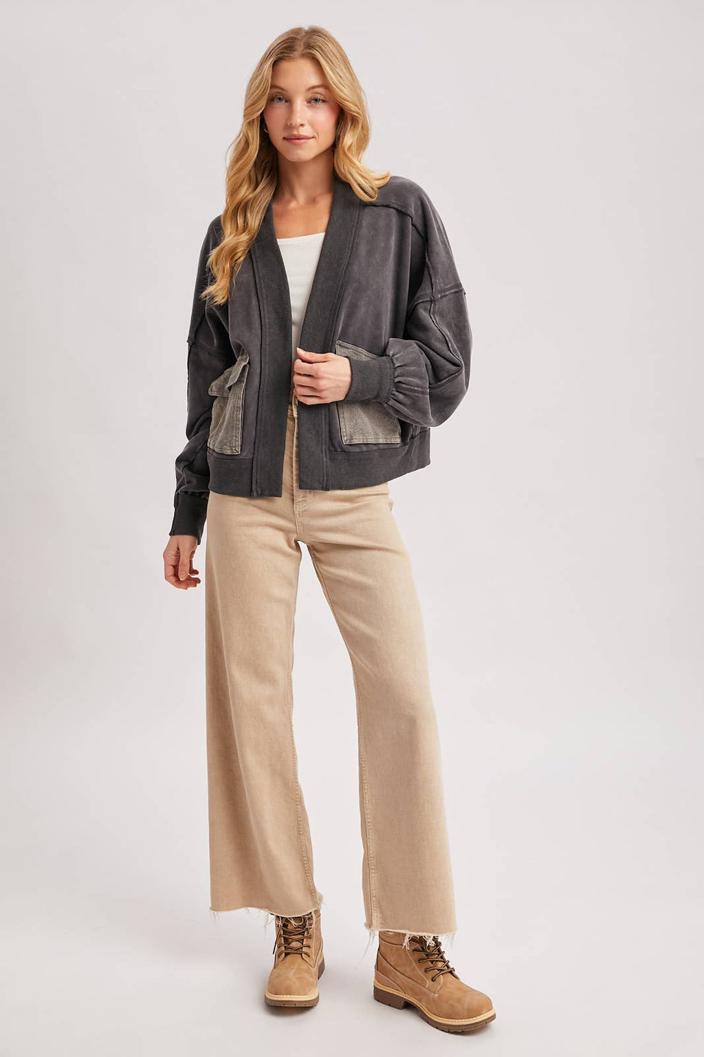 WASHED COLLARLESS OPEN FRONT CARDIGAN - ST. PATRICK'S DAY