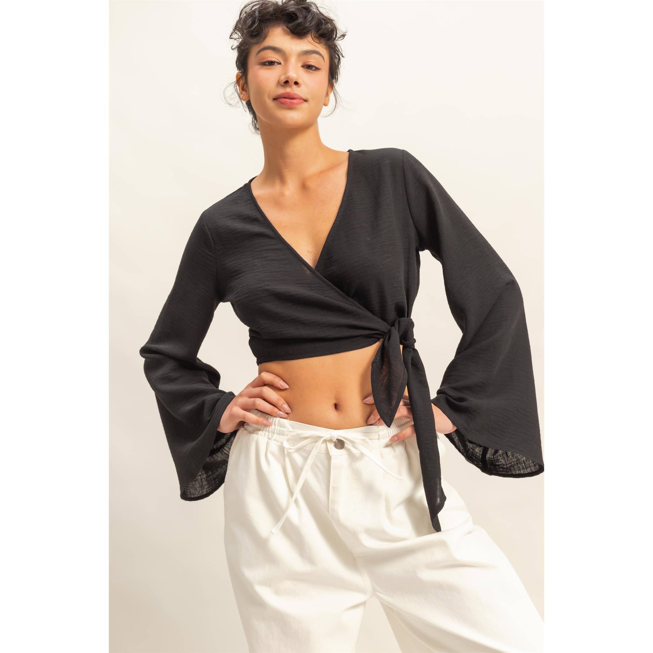 Crinkle Woven Wrap Style Cropped Blouse