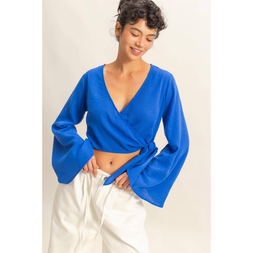 Crinkle Woven Wrap Style Cropped Blouse