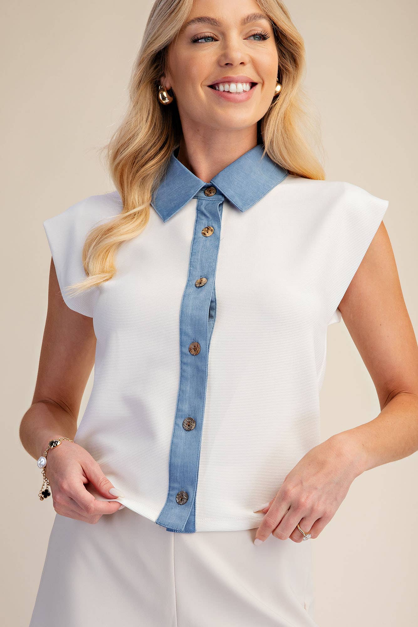 Muscle Vest Top With Collared Denim Placket