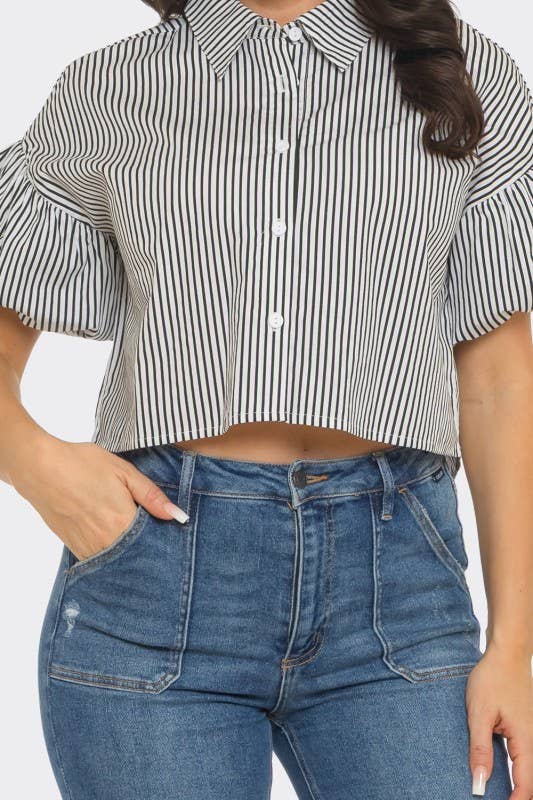 Stripe Front Button Down Bubble Sleeve Shirts Crop Top