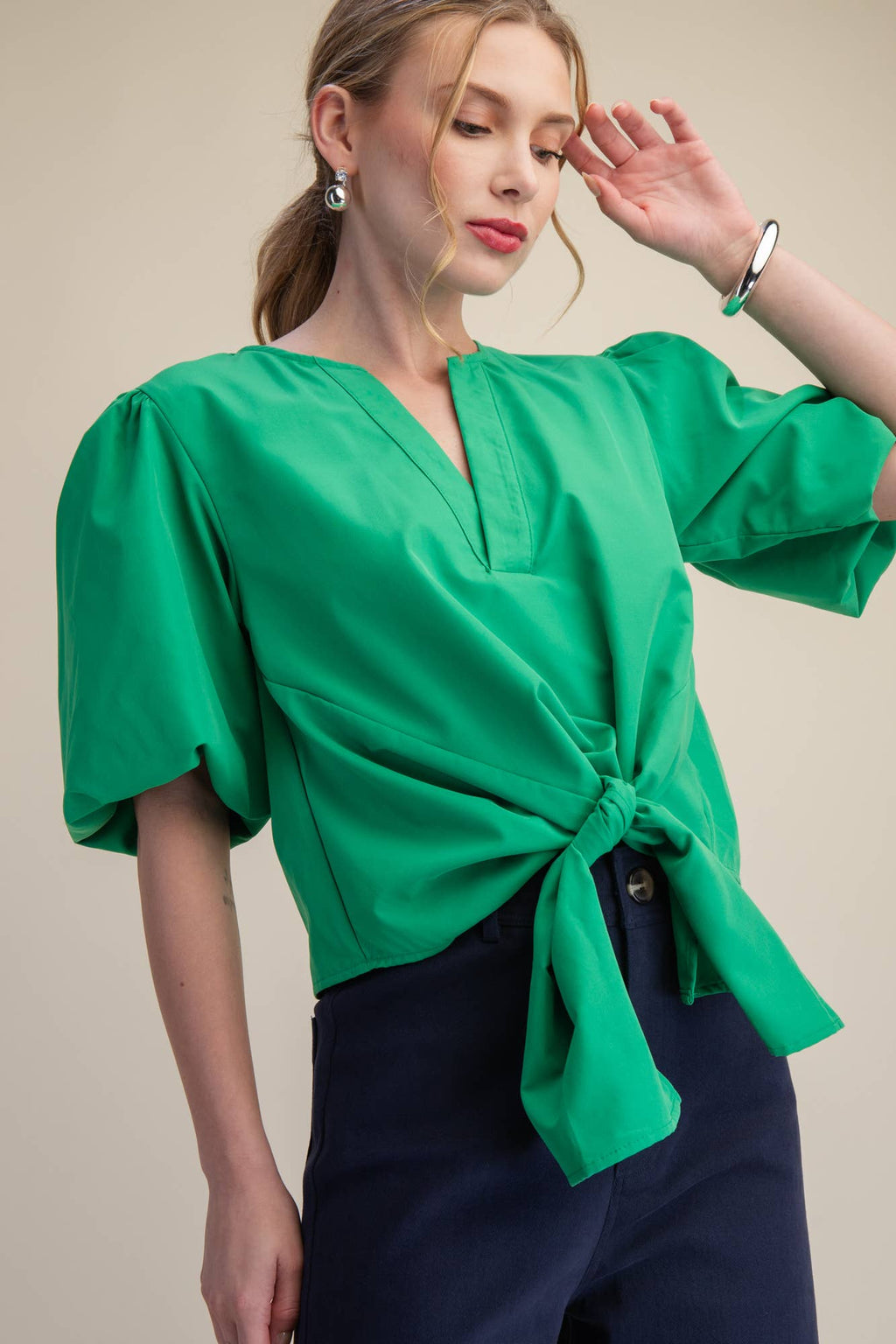 Tie-Front Blouse Puff Sleeve