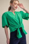 Tie-Front Blouse Puff Sleeve