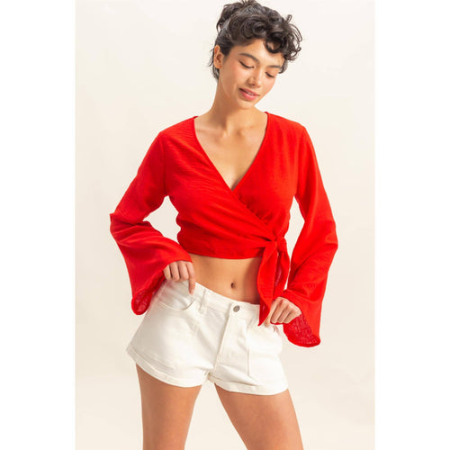 Crinkle Woven Wrap Style Cropped Blouse