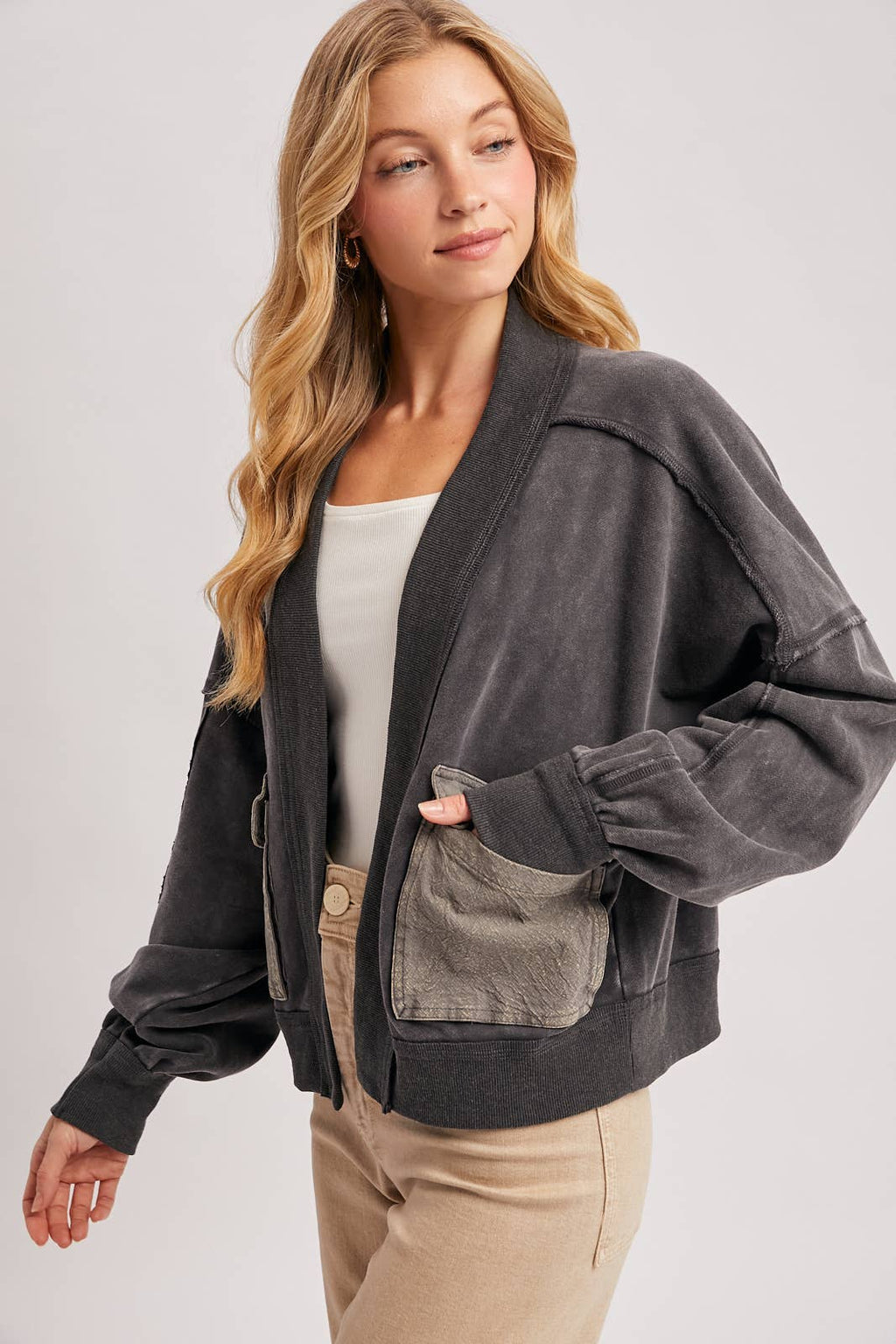 WASHED COLLARLESS OPEN FRONT CARDIGAN - ST. PATRICK'S DAY