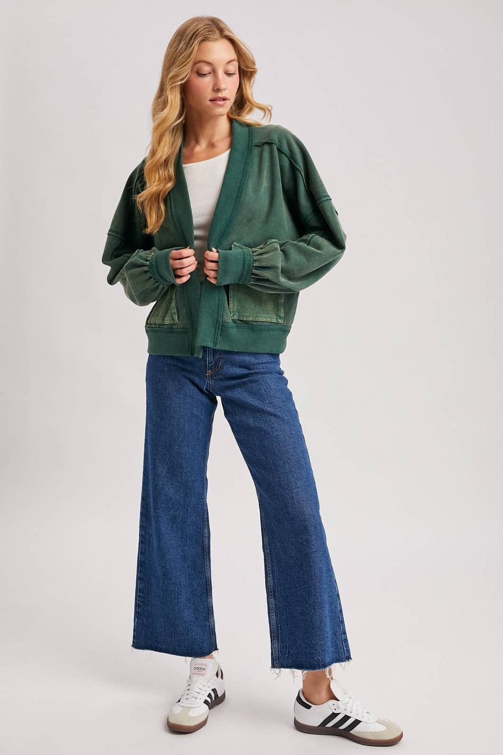 WASHED COLLARLESS OPEN FRONT CARDIGAN - ST. PATRICK'S DAY