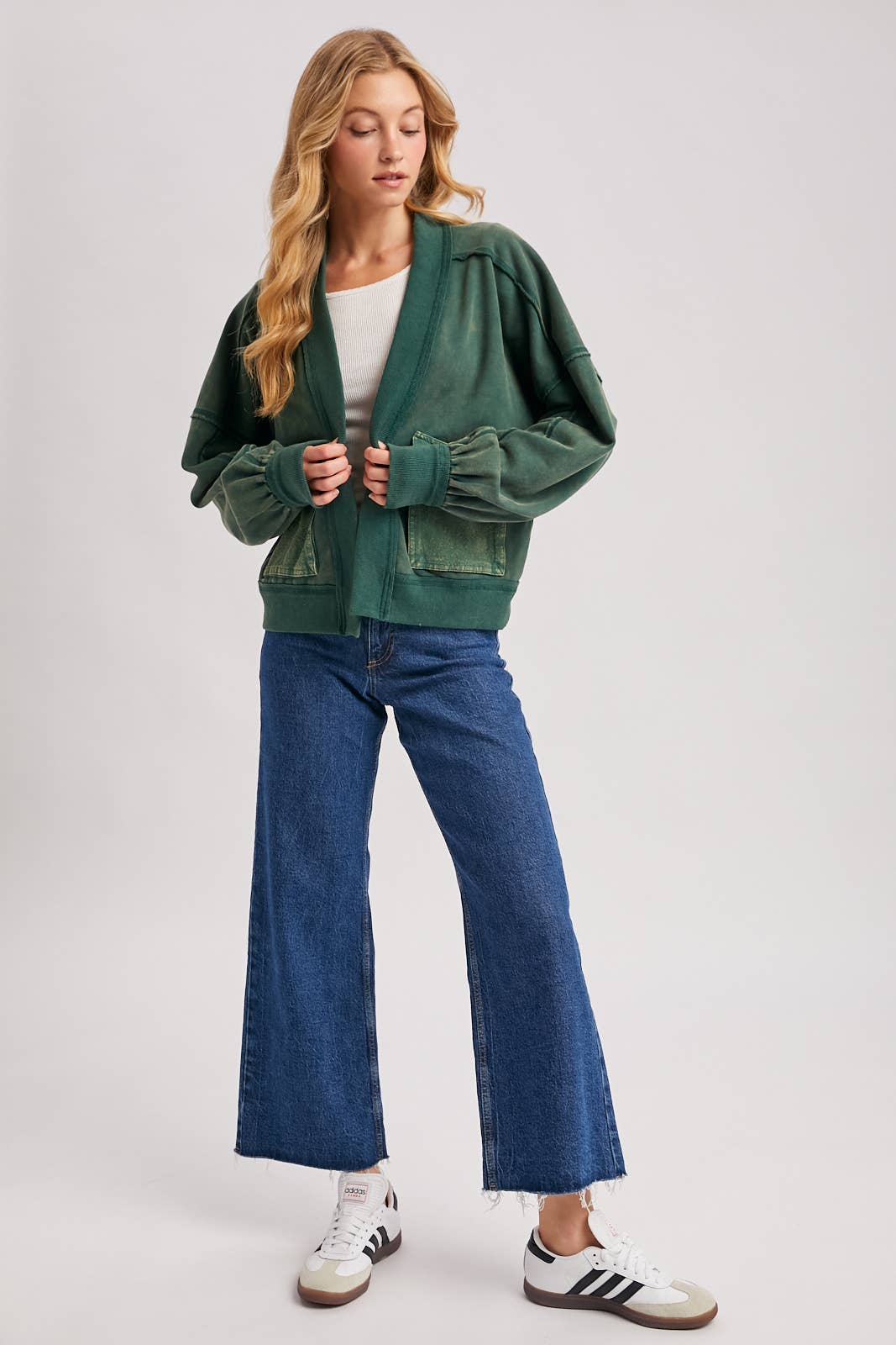 WASHED COLLARLESS OPEN FRONT CARDIGAN - ST. PATRICK'S DAY