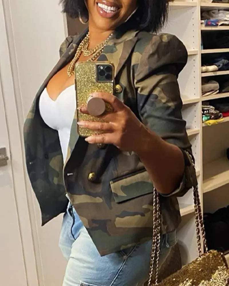 Camo Print Puff Sleeve Blazer Jacket for Women
